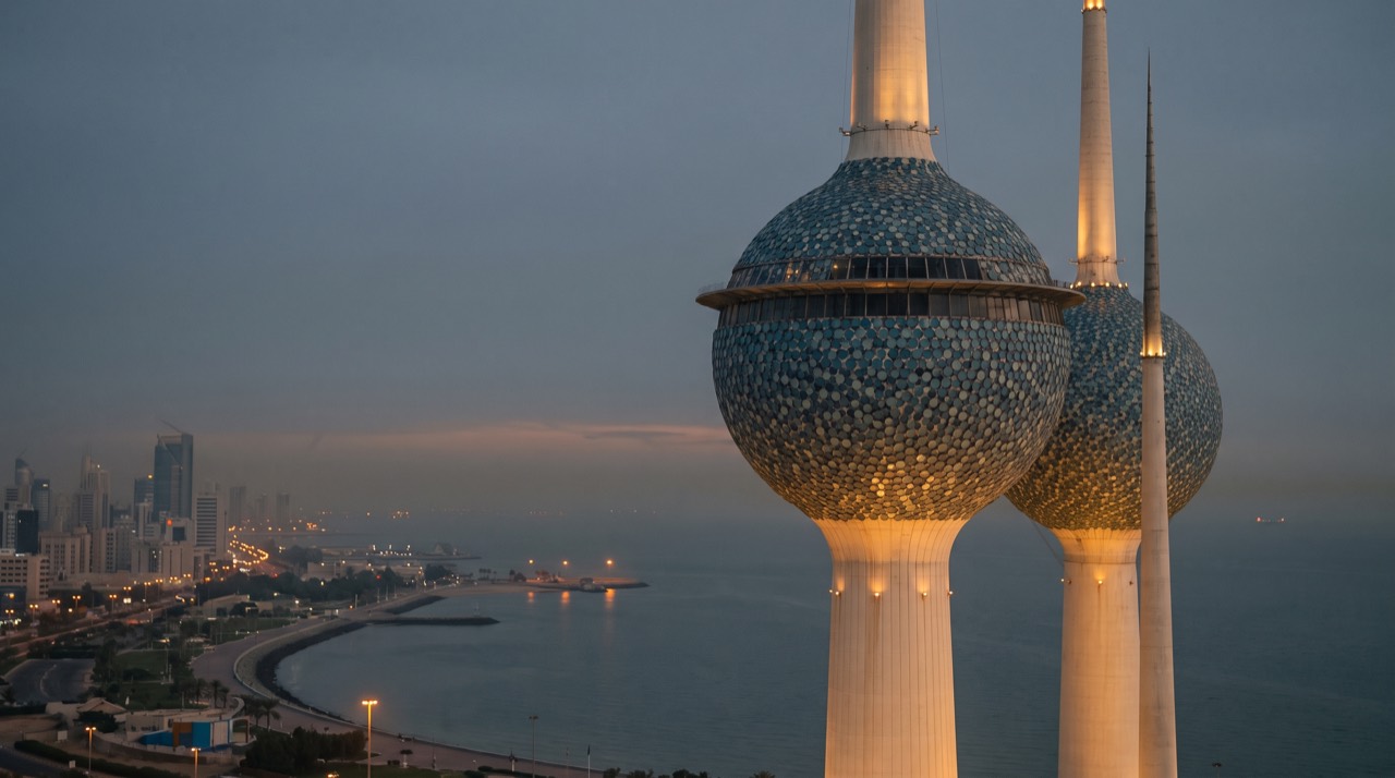 Kuwait Towers above the Gulf coast at dusk