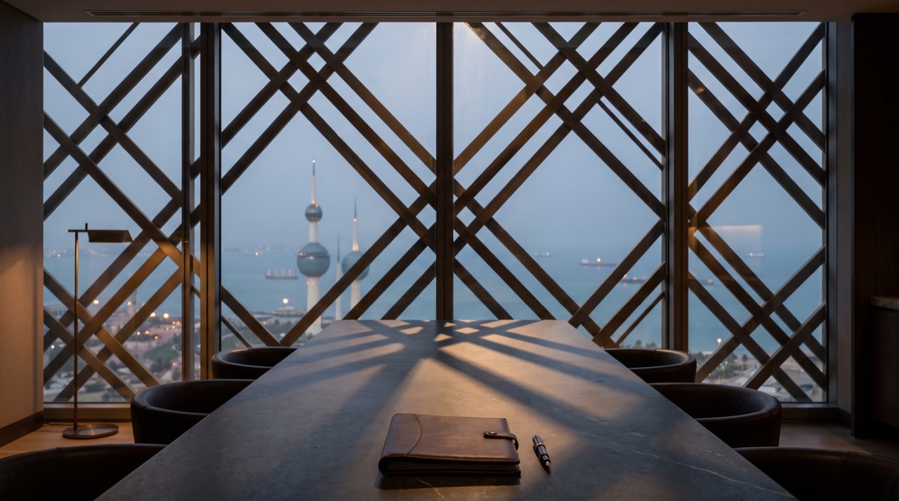 Boardroom table beside a latticed window overlooking the Kuwait Towers