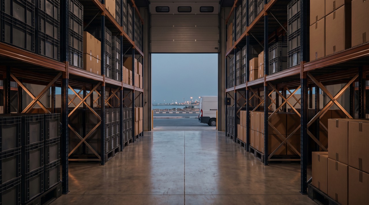 Warehouse aisle opening onto the Kuwait coastline