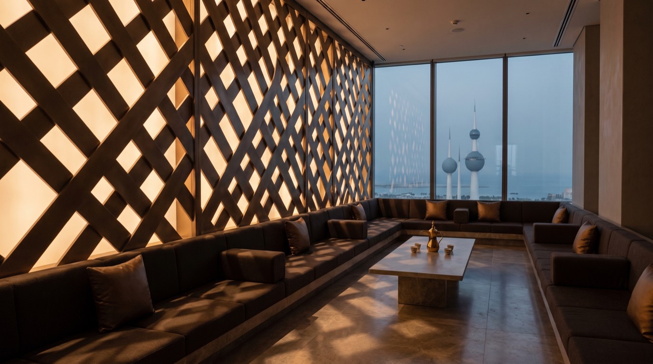 Majlis seating beneath a lit mashrabiya screen with the Kuwait Towers beyond